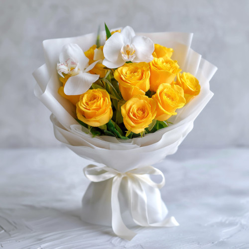 A Tender Promise in Yellow Roses and Pure White Orchids